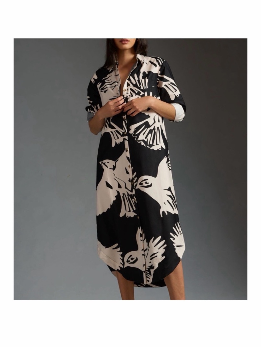 Maeve Black and Cream Avian-Print Midi Shirt Dress